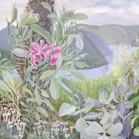 Visar ett verk i olja av Berit Olanders. Motiver visar ett grönksande landskap med olika blommor i förgrunden och berg och hav i bakgrunden.