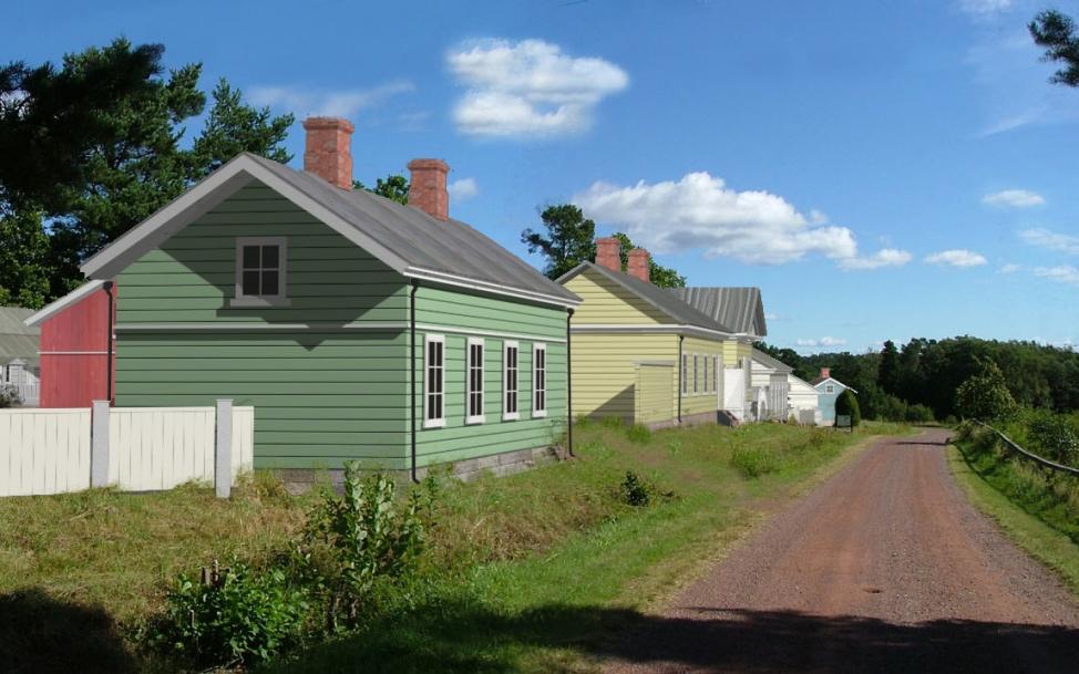 Postvägen genom Nya Skarpans, med bostadshusen återskapade som datorgenererade bilder. Bilden tillhör Ålands museum.