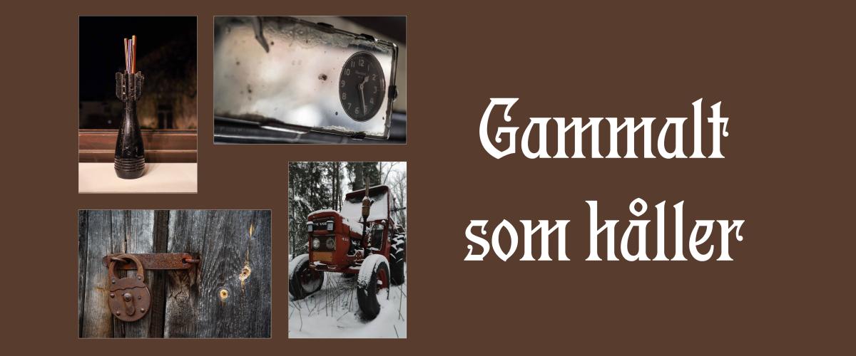 Fyra fotografier  på gamla föremål: traktor, lås, granat och backspegel