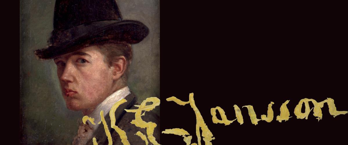 Färgfoto med detalj ur Karl Emanuel Janssons självporträtt i olja: en seriös ung man i stor, svart hatt. På bildytan syns Janssons signatur i olja.