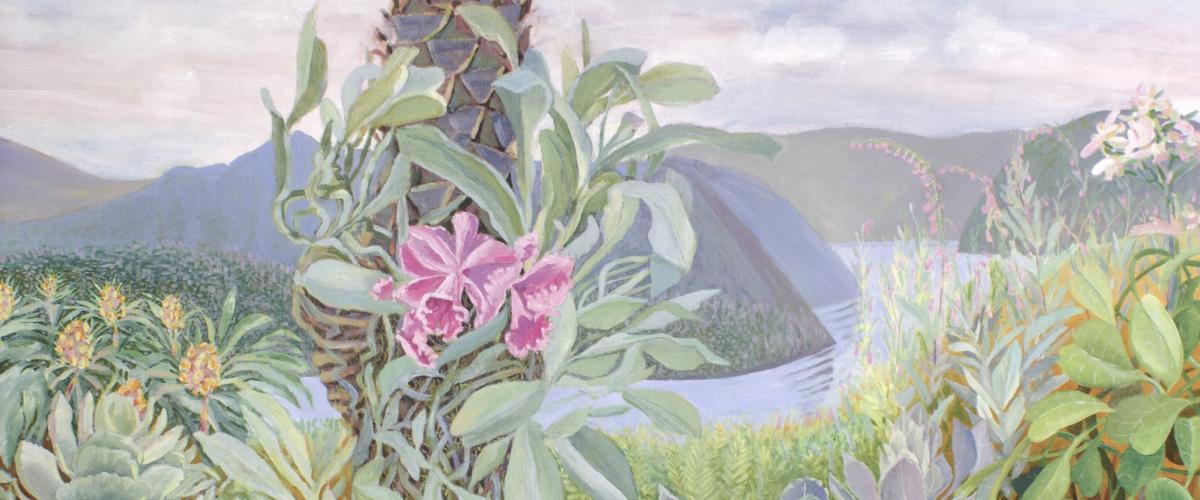 Visar ett verk i olja av Berit Olanders. Motiver visar ett grönksande landskap med olika blommor i förgrunden och berg och hav i bakgrunden.