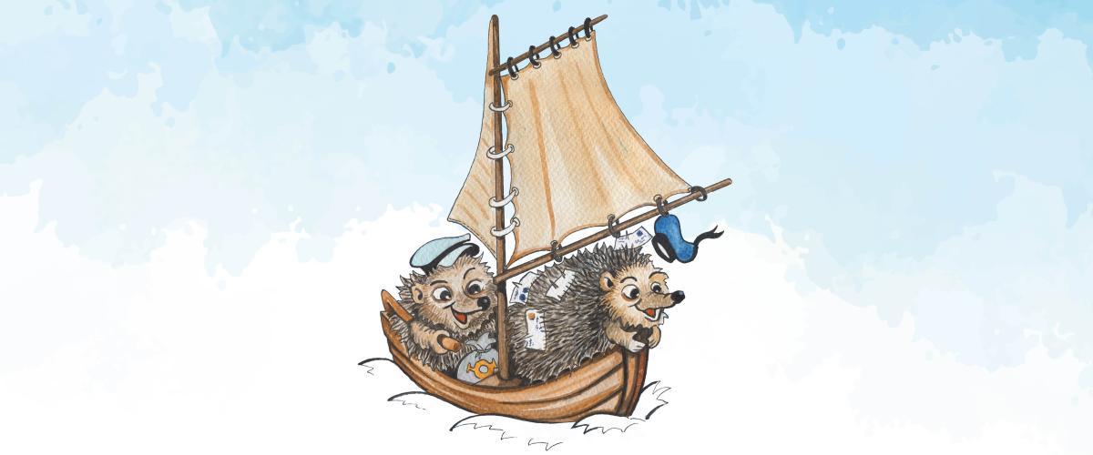 Två tecknade igelkottar i en båt med segel