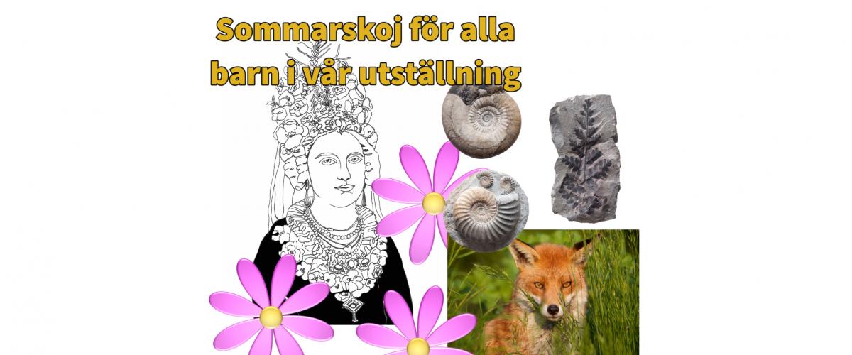 Blommor, fossil, räv och en svartvit skiss på en bondbrud