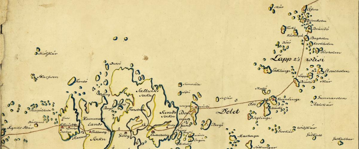 Detalj av en karta som visar Postvägen över Åland