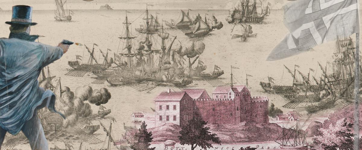 Collage av slott, båtar och en flagga
