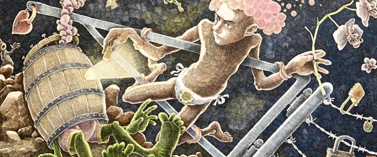 visar ett verk av Lasse Harkkala med olika tecknade, fantasifulla figurer mot en mörk bakgrund.
