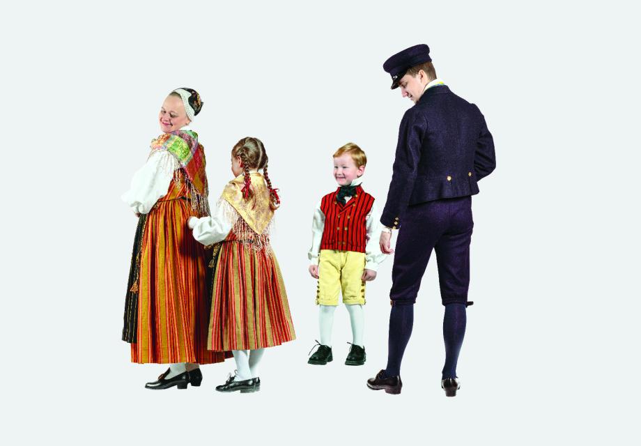 Bild på en kvinna, en man och två barn iklädda folkdräkt