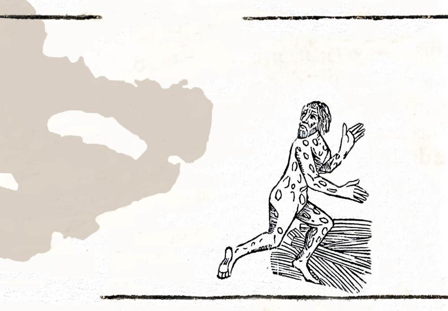 Silhuett av ön Gloskär. En skiss av en man drabbad av spetälska till vänster.