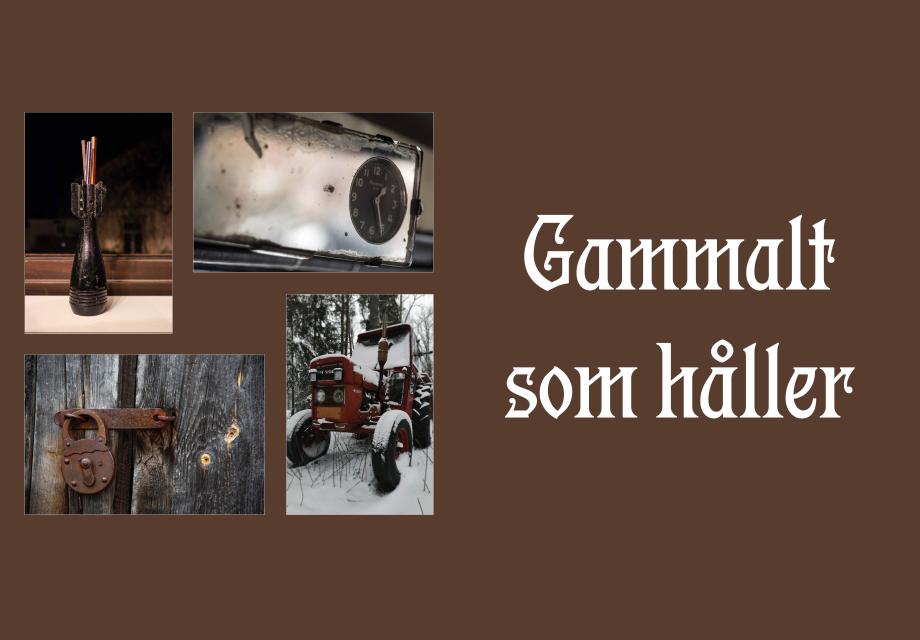 Fyra fotografier  på gamla föremål: traktor, lås, granat och backspegel
