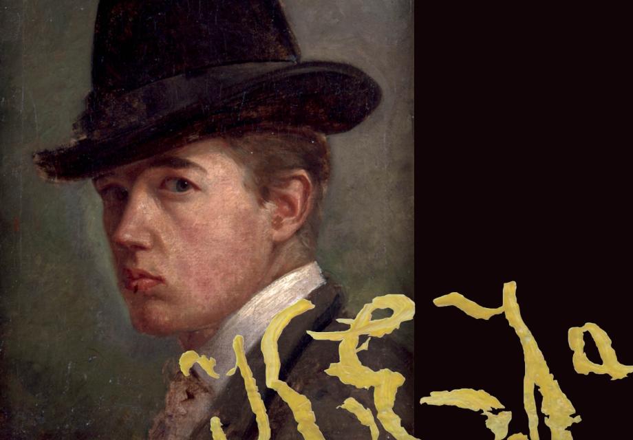 Färgfoto med detalj ur Karl Emanuel Janssons självporträtt i olja: en seriös ung man i stor, svart hatt. På bildytan syns Janssons signatur i olja. 
