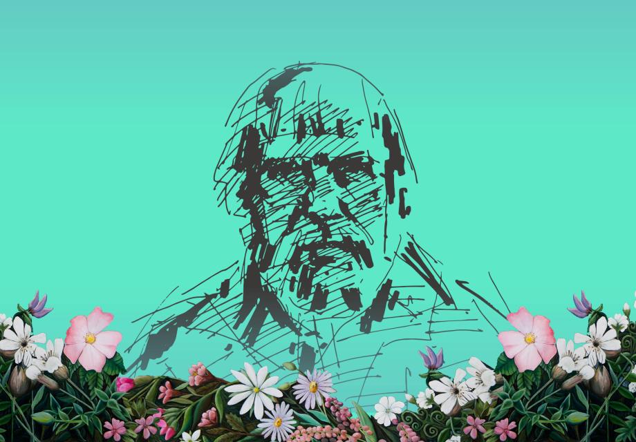 Posträtt av Guy Frisk med blommor av Carolina Sundelin