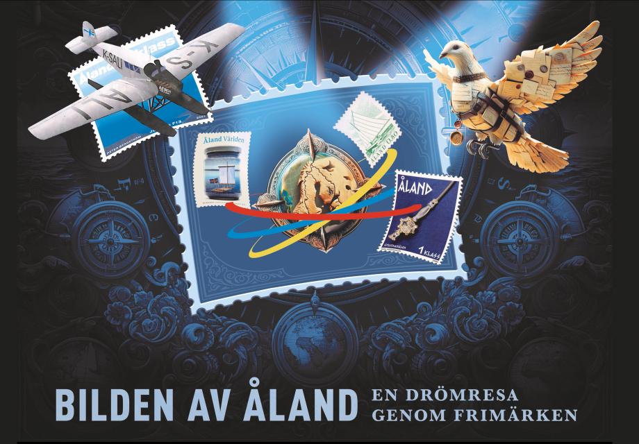Ett centrerat frimärk med ett flygplan i övre vänsta hörnet och en brevduva i det högra