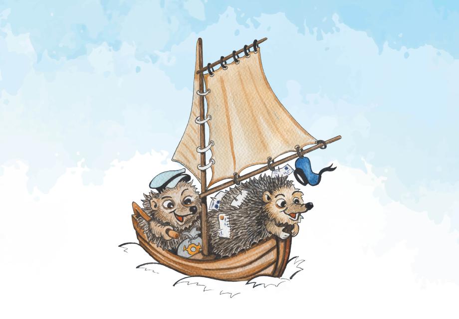 Två tecknade igelkottar i en båt med segel