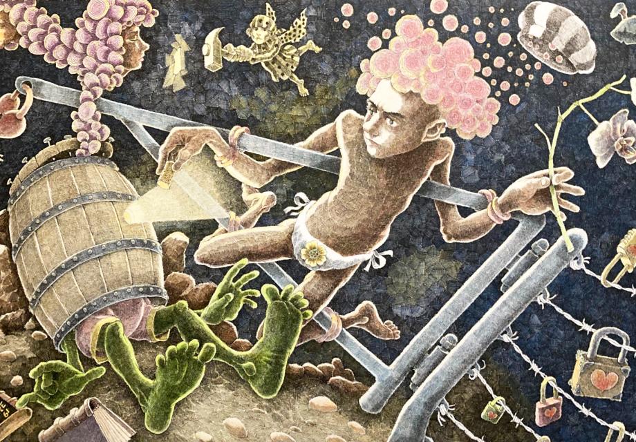visar ett verk av Lasse Harkkala med olika tecknade, fantasifulla figurer mot en mörk bakgrund.
