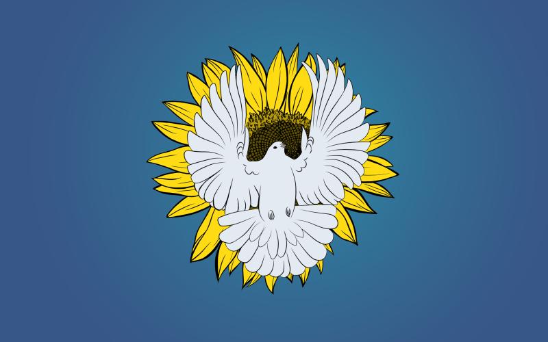 visar bild på en solros och en fredsduva
