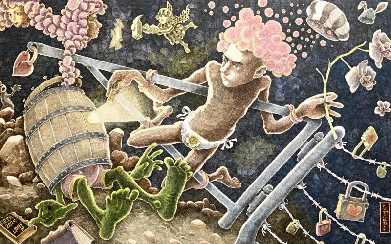 visar ett verk av Lasse Harkkala med olika tecknade, fantasifulla figurer mot en mörk bakgrund.