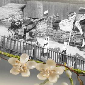 Fotocollage med färgfoto på en brudkrans utformat av vita vaxblommor i en stomme lindat med ljusgrön sidentråd i förgrunden. Bakom den syns ett gammalt svartvitt foto på en brudprocession. Damer i folkdräkter bär flaggor gjorda av sidenschalar och brudparet och andra följer i hästdragna kärror. 