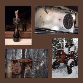 Fyra fotografier  på gamla föremål: traktor, lås, granat och backspegel