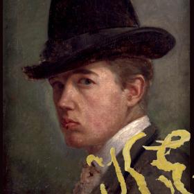 Färgfoto med detalj ur Karl Emanuel Janssons självporträtt i olja: en seriös ung man i stor, svart hatt. På bildytan syns Janssons signatur i olja. 