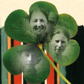 Ränder i olika färger och tre kvinnoporträtt på ett grönt treklöver