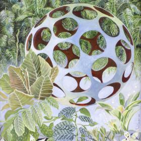 visar ett verk av Berit Olanders i olja med blad och blommor och ett klot med hål i.