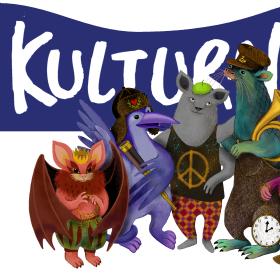 Maskotfamiljen framför kulturnattslogon