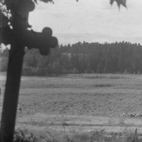 Svartvitt fotografi av en åker med ett kors i förgrunden