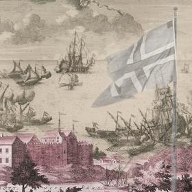 Bildcollage av slott, person, flagga och skepp