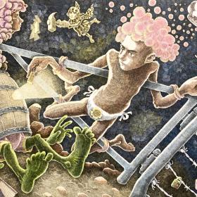 visar ett verk av Lasse Harkkala med olika tecknade, fantasifulla figurer mot en mörk bakgrund.