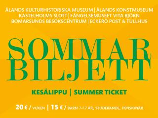 Gul biljett med grön och vit text