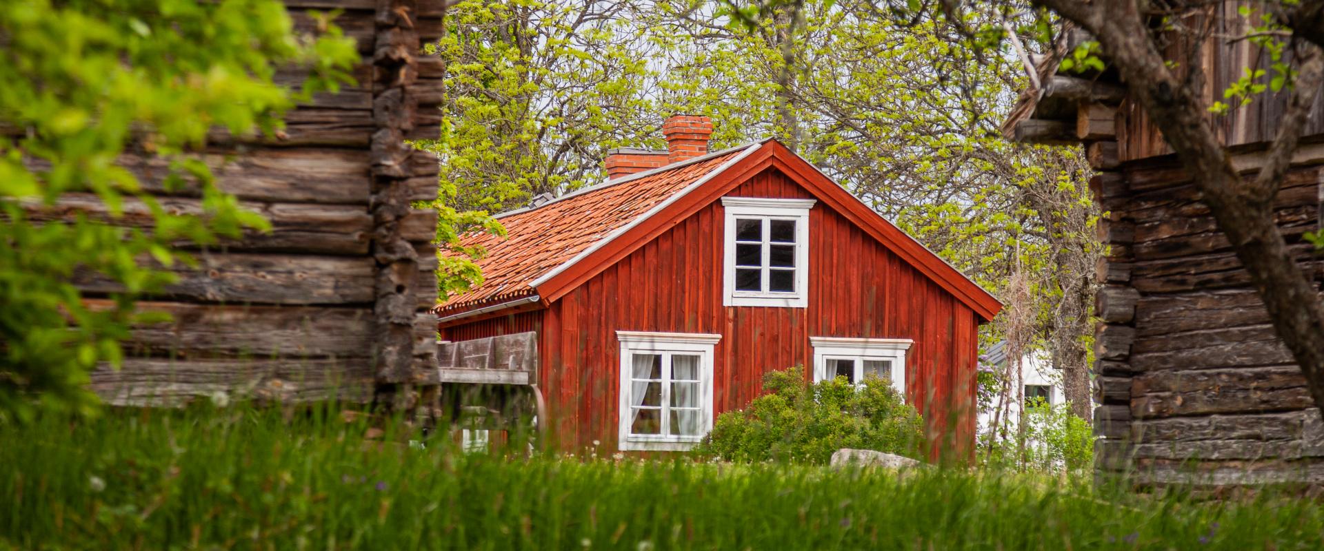 Mangårdsbyggnaden vid Jan- karlsgården skymtas mellan uthusen