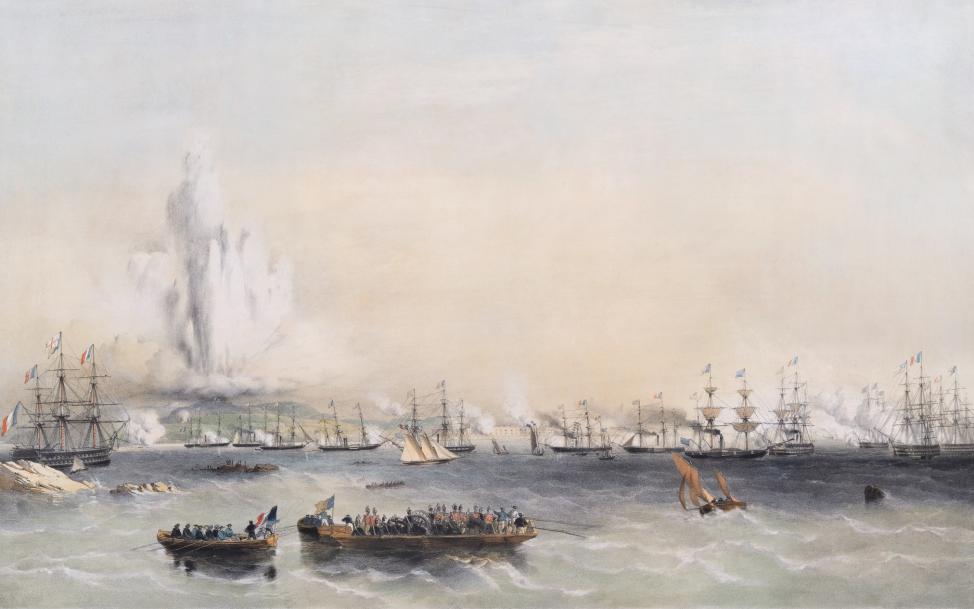 Den brittiska konstnären Oswald W. Brierly fångade stunden då Brännklintstornet exploderade under pågående bombardemang, 15 augusti 1854. Bilden tillhör Ålands museum.