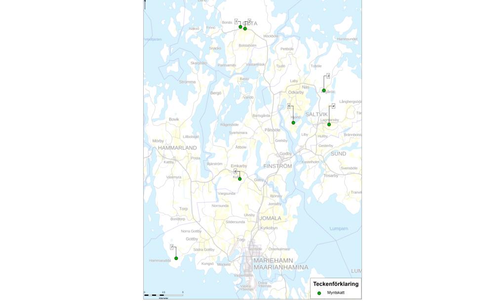 Syntolkning: En karta den centrala delen av Åland. Kartan sträcker sig från södra Mariehamn till Norra Geta, och från Marsundsbron i väst till halva Saltvik och Sund i öst. Kartan visar vägsträckningar, kommunnamn och ortsnamn. Utmärkt på kartan är 6 stycken punkter numrerade 1 till 6. 