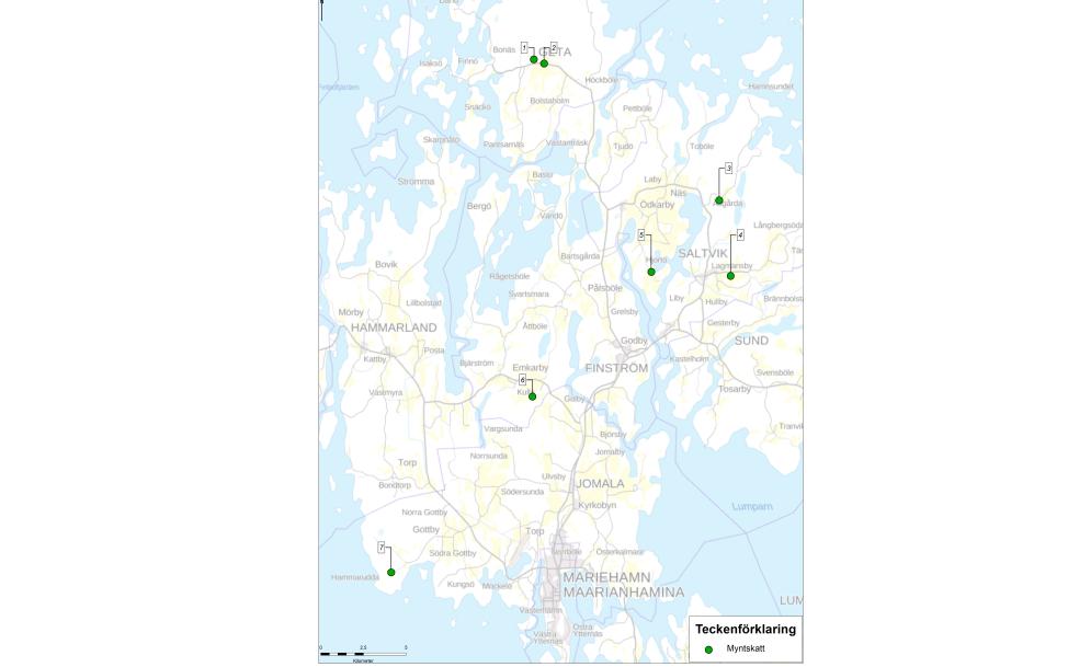 Syntolkning: En karta den centrala delen av Åland. Kartan sträcker sig från södra Mariehamn till Norra Geta, och från Marsundsbron i väst till halva Saltvik och Sund i öst. Kartan visar vägsträckningar, kommunnamn och ortsnamn. Utmärkt på kartan är 6 stycken punkter numrerade 1 till 6.