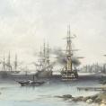 O. W. Brierly, Ångfartyg från den brittiska flottan tar sig upp genom Ängösund i slutet av juli 1854