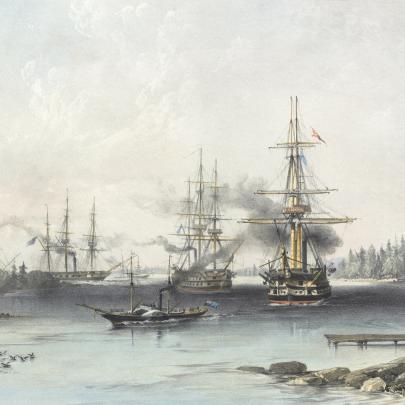 O. W. Brierly, Ångfartyg från den brittiska flottan tar sig upp genom Ängösund i slutet av juli 1854