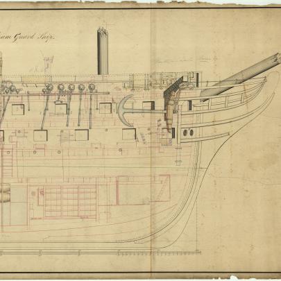 Profilritning 1847 HMS BLENHEIM inför konvertering till ångkraft (NMM, London)