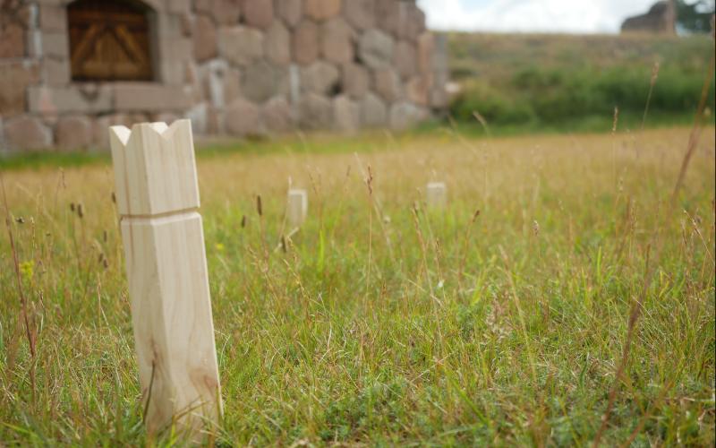 Kubbpjäs som står i gräset framför en ruin.